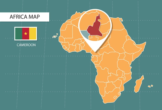 Kamerun-karte in afrika-zoom-versionssymbolen mit kamerun-standort und -flaggen