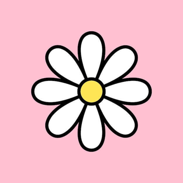 Kamillensymbol, weißes gänseblümchensymbol mit schwarzem umriss, süßer blumenaufkleber auf rosa hintergrund, grooviges ästhetisches vektordesignelement