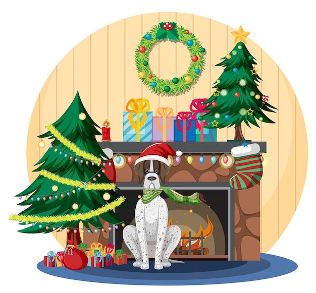 Kamin mit Hund und Weihnachtsschmuck