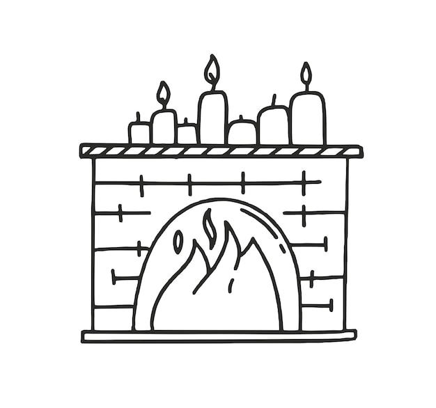 Kamin mit Kerzen Vektor Illustration Doodle isoliert auf weißem Hintergrund Konzept von Weihnachten