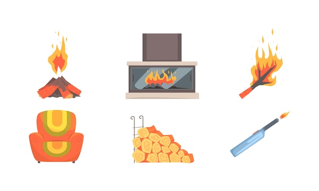 Kamin-Zubehör-Sammlung Zuhause Kamin mit brennender Flamme Zünder Passt zu Sessel Cartoon Vektor-Illustration