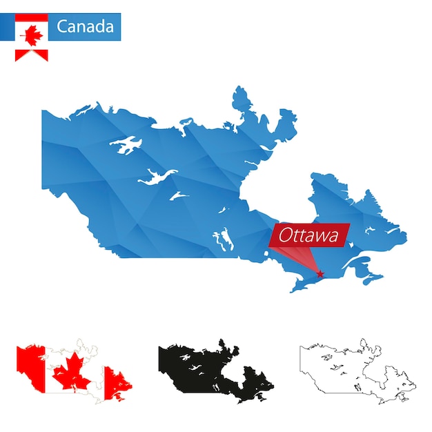 Kanada blaue low-poly-karte mit hauptstadt ottawa