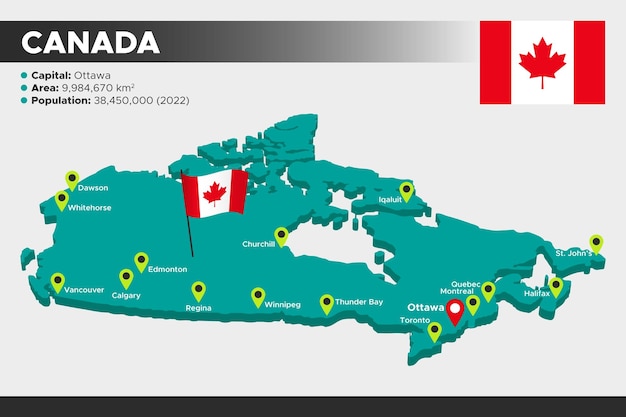 Kanada isometrische 3d-illustrationskarte flaggenhauptstädte gebietsbevölkerung und karte von kanada