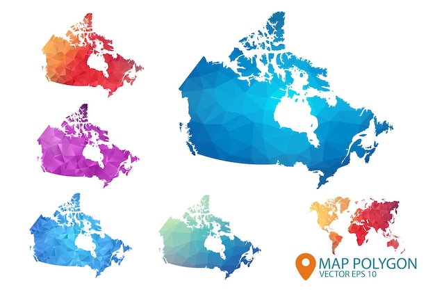 Vektor kanada-karte set aus geometrischem zerknittertem dreieckigem low-poly-stil-gradienten-grafikhintergrund
