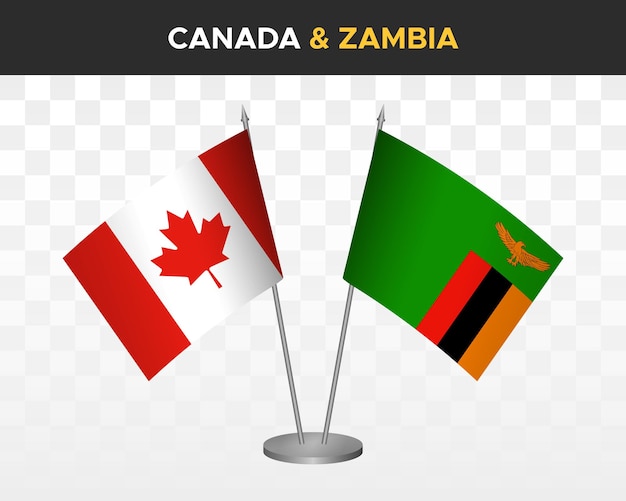 Kanada vs sambia tischflaggen mockup isoliert auf weißer 3d-vektorillustration tischflaggen