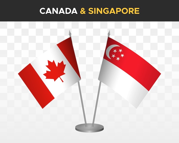 Kanada vs singapur schreibtisch flaggen mockup isoliert auf weißem 3d-vektor-illustration tischflaggen