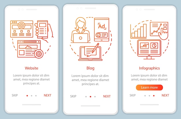 Kanäle für SEO Orange Onboarding Mobile App Seite Bildschirm Vektorvorlage Marketing Blog Website Walkthrough Website Schritte mit linearen Illustrationen UX UI GUI Smartphone Schnittstellenkonzept