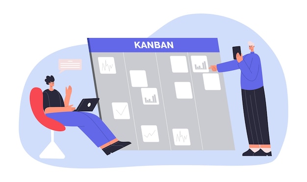 Vektor kanban-board-konzept cartoon zwei männliche mitarbeiter arbeiten zusammen und erstellen einen plan, der dem team aufgaben zuweist