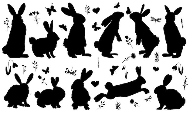 Kaninchen hase silhouette set sammlung auf weißem hintergrund isoliert vektor