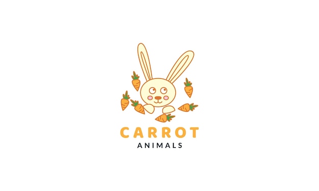 Kaninchen- oder hasen- oder haustierkopf mit niedlicher cartoon-logo-vektorillustration der karotte
