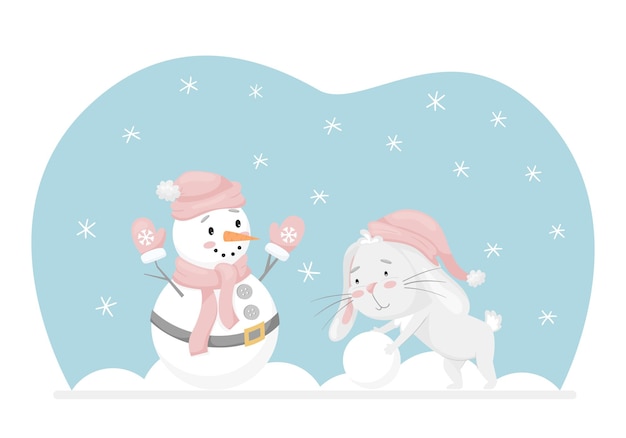 Kaninchen rollt einen schneeball macht einen schneemann winter-spaß-aktivität adorable charakter in pastellfarben kinder-design für karten kleidung webdesign kinder-vektor-illustration auf weißem hintergrund