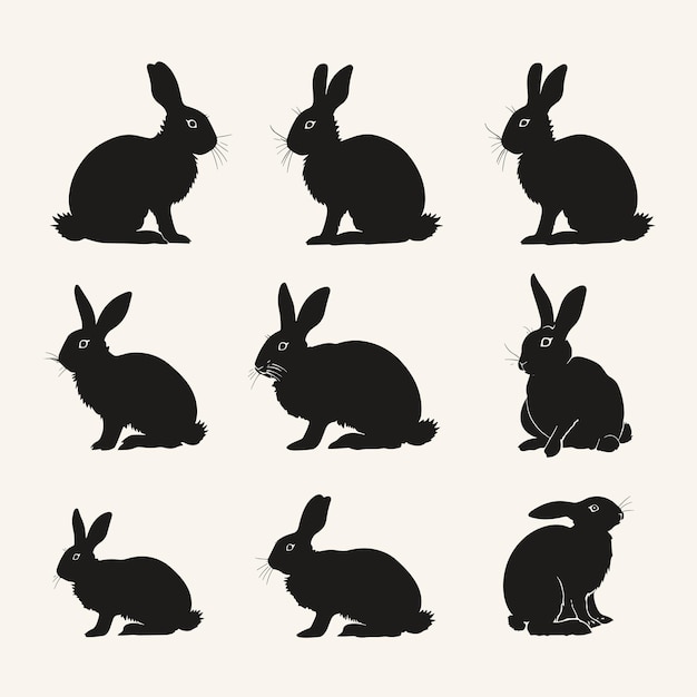 Kaninchen-Silhouette-Set schwarze flache Vektorillustration