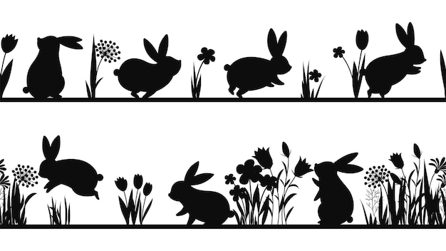 Kaninchen-silhouetten im gras häschen auf der wiese, schwarzes frühlingsmuster, nahtloses muster dekorative aufkleber für die einrichtung blumen-ostern-vektorhintergrund