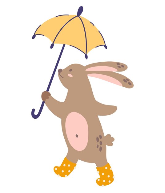 Kaninchen süßer hase mit regenschirm und gummistiefeln perfekt zum drucken von postkarten, drucken und postern für kinder vektor-cartoon-illustration