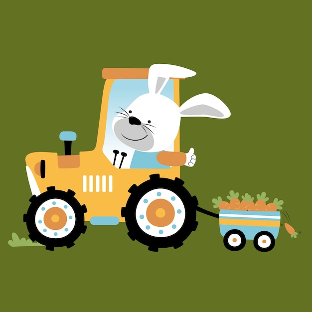 Kaninchen tragen Karotten mit Traktor, Cartoon-Vektor