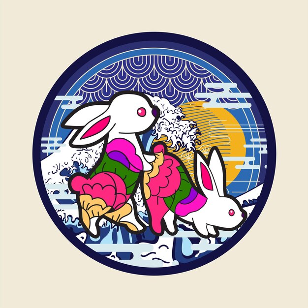 Kaninchenillustration im japanischen stil für kaijune-event, notizbuch, logo