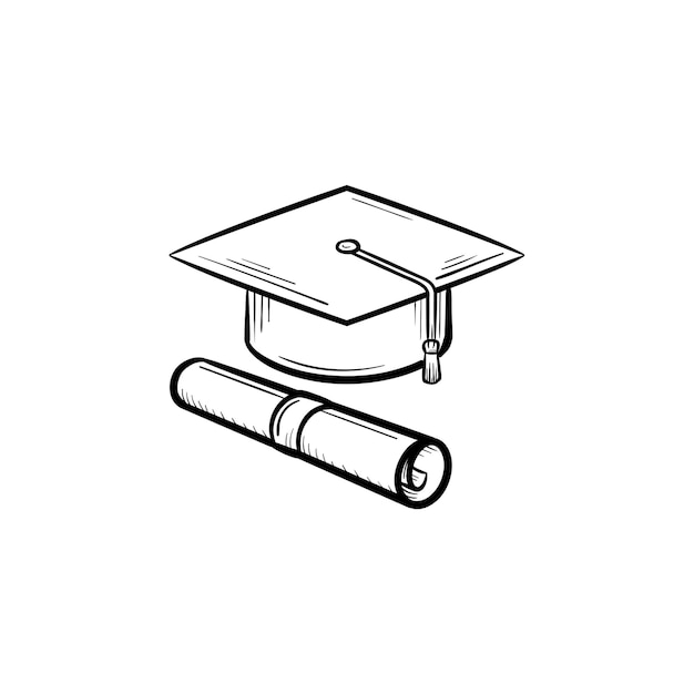 Kappe des Absolventen- und Zertifikatsgrads handgezeichnetes Umriss-Doodle-Symbol. Vektorskizzensymbol der Abschlusskappe und des Abschlusszeugnisses für Print, Web, Mobile und Infografiken isoliert auf weißem Hintergrund.