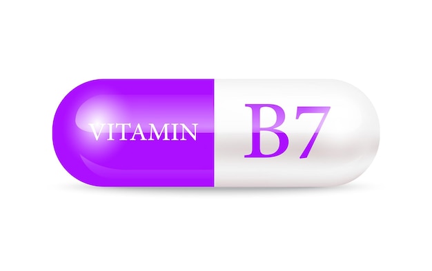 Kapsel vitamin b7 struktur lila weiß droge geschäftskonzept schönheitskonzept für die körperpflege.