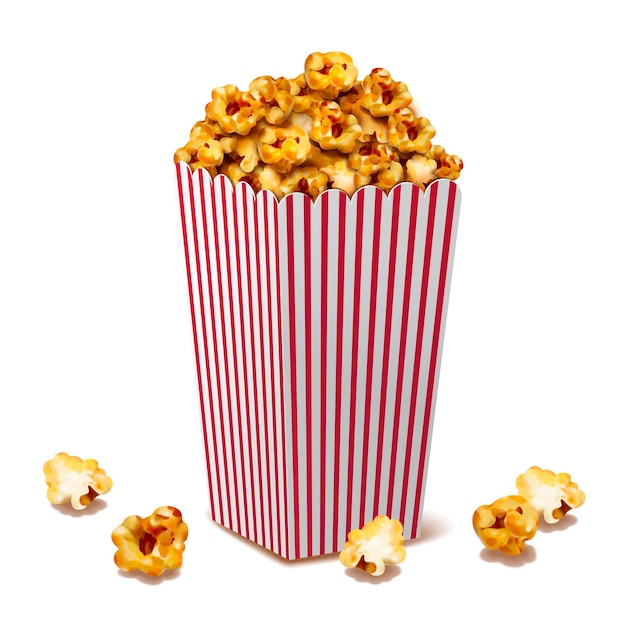 Karamellpopcorn im klassischen gestreiften Behälter, 3d Illustration