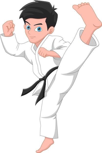 Karate-boy-kick-pose auf weißem hintergrund