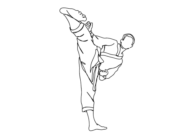 Karate, taekwondo player einzeilige kunstzeichnung setzt die linienvektorillustration fort