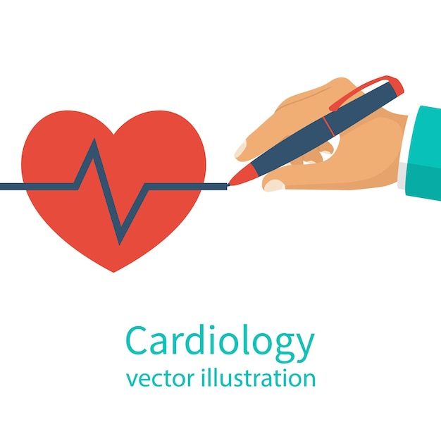 Kardiologe arzt halten stift in der hand roter herzschlag mit lebenslinie symbol gesundheitswesen medizinischer hintergrund vektor-illustration flaches design kardiologie-konzept
