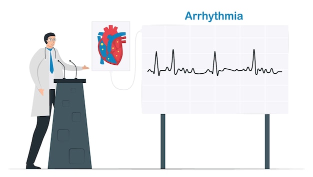 Vektor kardiologie-vektor-illustration. dieses herzkrankheitsproblem ist arrhythmie. diagnose und analyse des fehlersystems des periodischen signals.