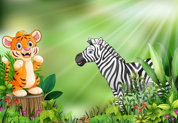 Karikatur der Naturszene mit einem Babytiger, der auf Baumstumpf und -zebra steht