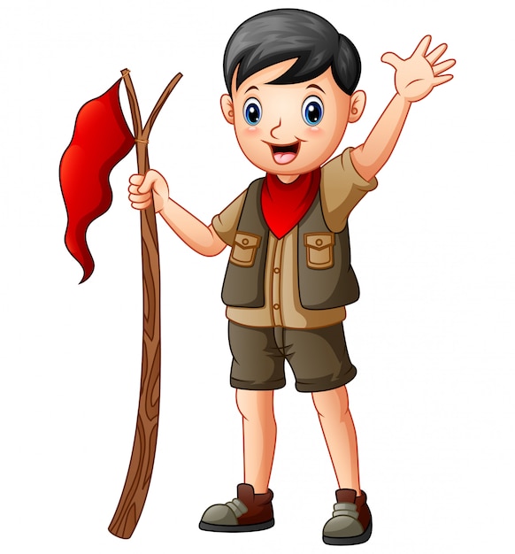 Karikatur ein pfadfinderjunge, der rote fahne hält