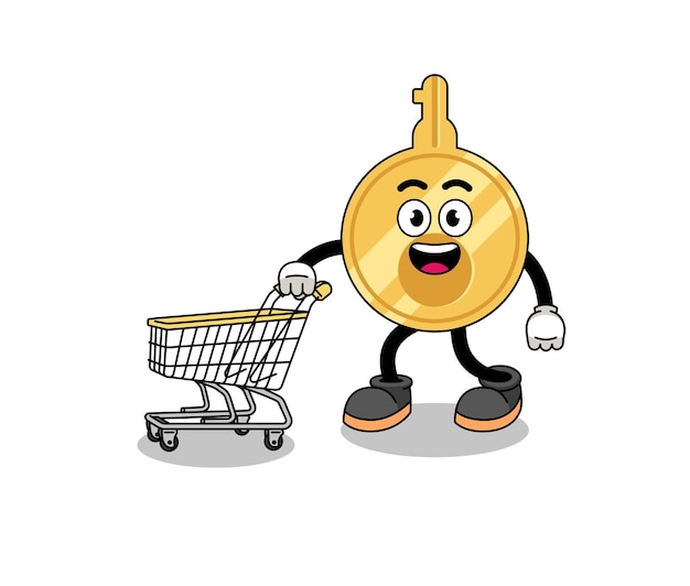 Karikatur eines Schlüssels, der einen Einkaufswagen hält