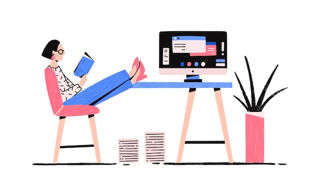 Karikatur entspannte Frau, die Buch liest, das Bruch flache Illustration genießt