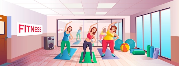 Karikatur-Fitnessraum-Interior machen Sie morgendliche Übungen machen Sie Sport machen Sie Übungen Fitness