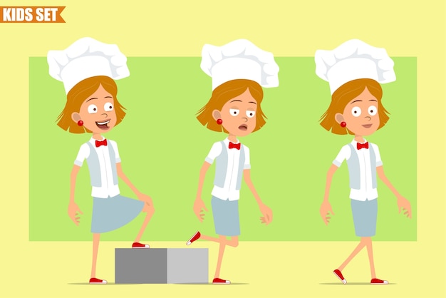 Karikatur flach lustige kleine koch koch mädchen charakter in weißer uniform und bäcker hut. erfolgreiches müdes kind, das vorwärts zu ihrem ziel geht.