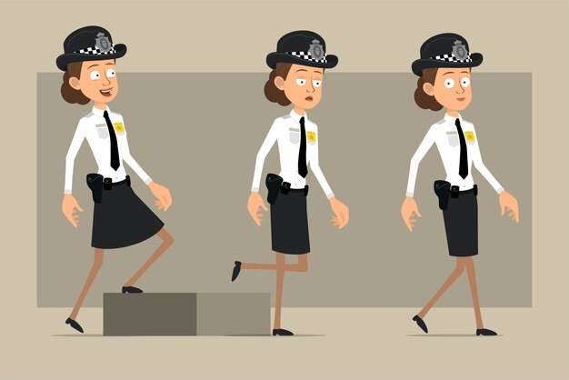 Karikatur flacher lustiger britischer polizistfrauencharakter im schwarzen hut und in der uniform mit abzeichen. erfolgreiches müdes mädchen, das zu ihrem ziel geht. bereit für animation. auf grauem hintergrund isoliert. einstellen.