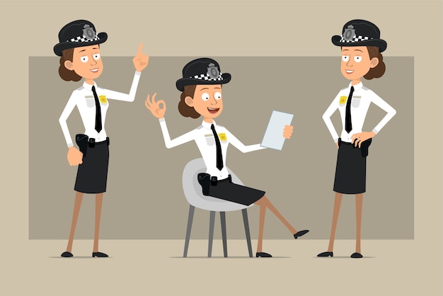 Karikatur flacher lustiger britischer polizistfrauencharakter im schwarzen hut und in der uniform mit abzeichen. mädchen, das aufmerksamkeitszeichen zeigt und notiz liest. bereit für animation. auf grauem hintergrund isoliert. einstellen.