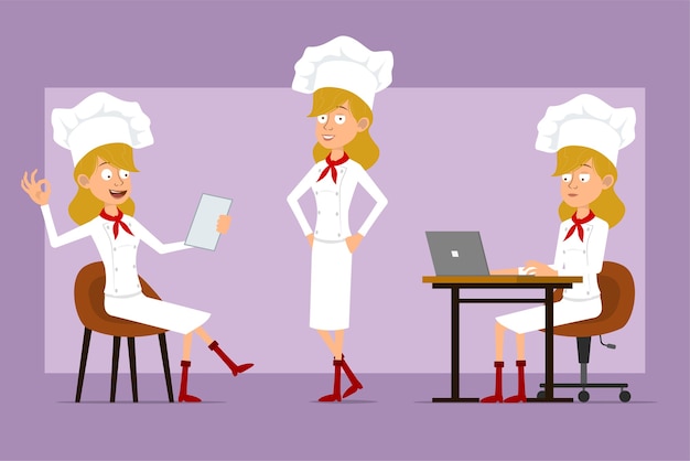 Vektor karikatur flacher lustiger kochkochfrauencharakter in der weißen uniform und im bäckerhut. mädchen liest notiz, arbeitet am laptop und zeigt okay zeichen.