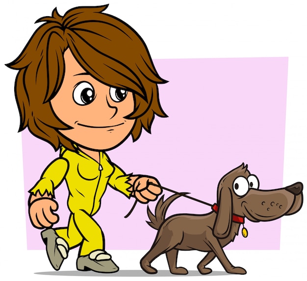 Karikatur gehende brünette mädchenfigur mit hund