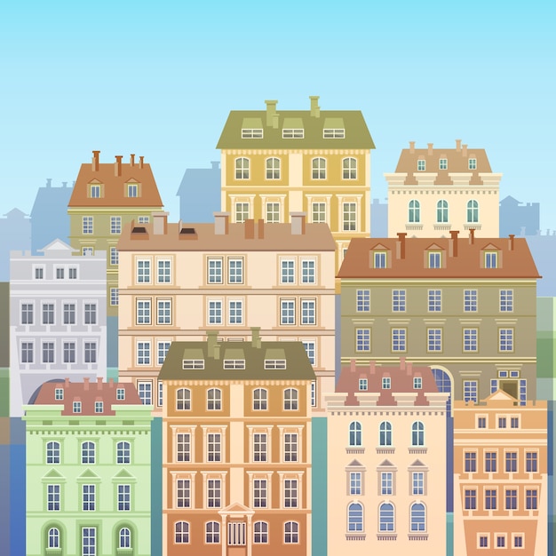 Vektor karikatur-häuser-gebäude-alte stadtansicht-fahnen-skyline