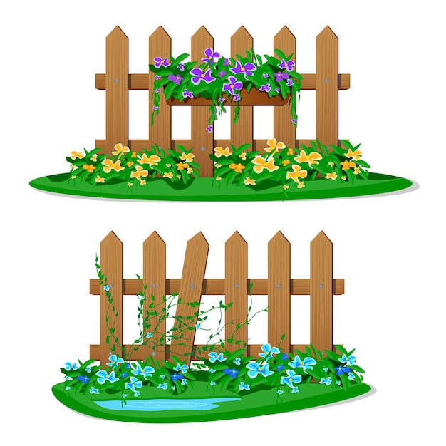 Karikatur-holzzaun mit gartenblumen in hängenden töpfen. satz gartenzäune auf weißem hintergrund. holzbretter silhouette konstruktion im stil mit blumen hängen dekorationen