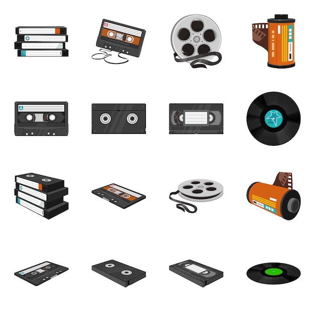 Vektor karikatur-ikonensatz der kassette und des kassettenvektors vektor lokalisierte illustrationsvideokassette und -videoband ikonensatz der kassette, musikalische diskette.