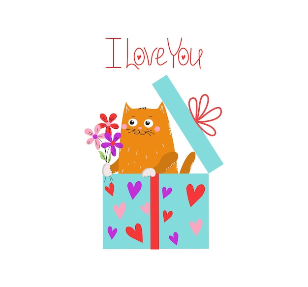 Vektor karikatur-kätzchenblumen-geschenkkiste valentinstag geburtstag katzenbüchel herzen inschrift ich liebe dich