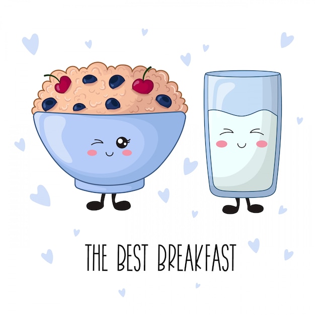 Karikatur kawaii lebensmittel - brei mit beeren, milch