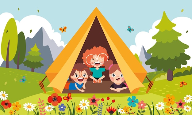 Karikatur, Kinder, Camping, An, Nature