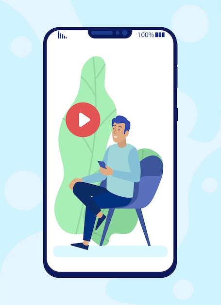 Karikatur-mann auf telefonschirm unter verwendung der mobilen video-app
