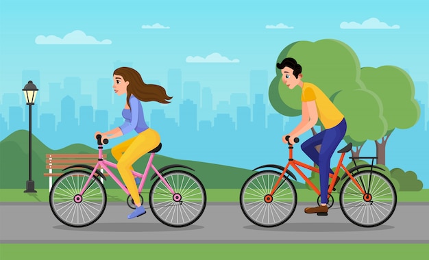 Karikatur-Mann und Frau, die in städtischen Stadt-Park radfahren