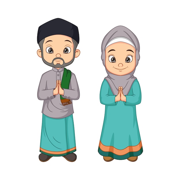 Karikatur muslimischer mann und frau grüßen salaam