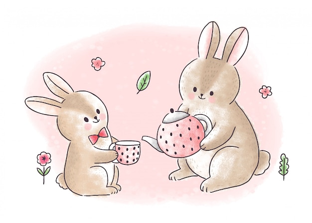 Karikatur niedliche süße kaninchen, trinken teezeit.