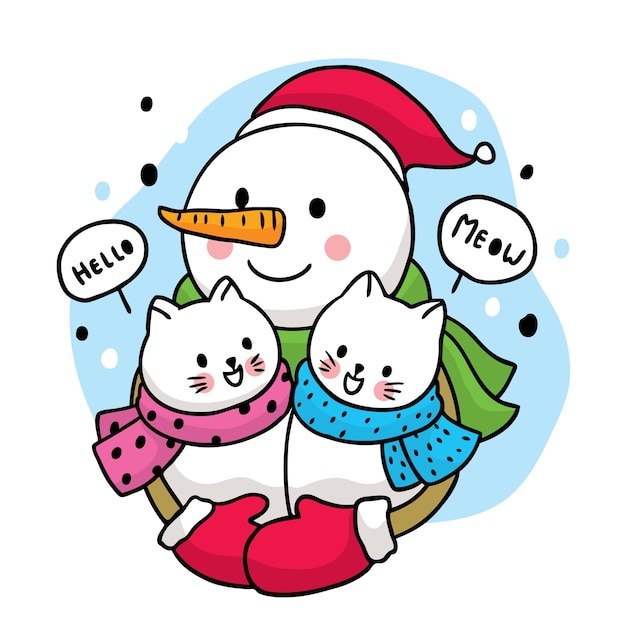 Karikatur niedlichen winter, schneemann, der zwei weiße katzen umarmt.