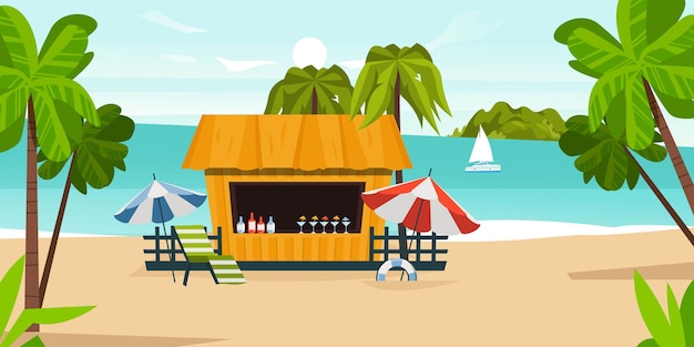 Karikatur-Tropische Landschaft mit Sandwasser Palmen Strandbar Regenschirme Deckstuhl Rettungsboje und ein Segelboot auf dem türkisfarbenen Meer