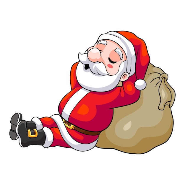 Karikatur-Weihnachtsmann, der auf einem Geschenksack schläft